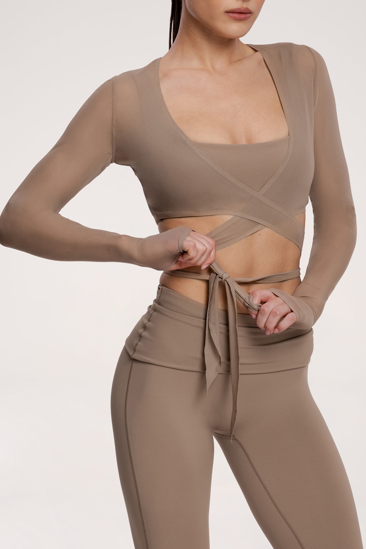 Tie-up shrug pilates era warm beige