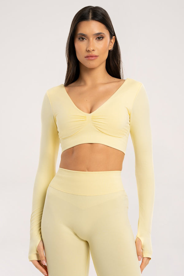 Long sleeve open back butter yellow